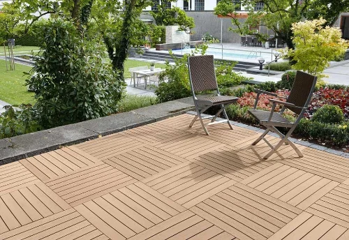 Durable WPC outdoor flooring decking installed on a modern terrace with sun protection.