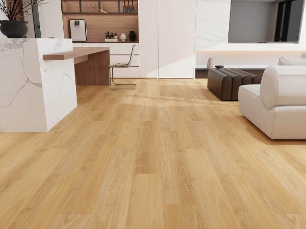 Light beige SPC flooring for a cozy and minimalist bedroom interior in Dubai.